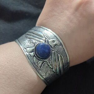 Silver Plated Blue Lapis Lazuli Gemstone Thunderbird Cuff Statement Bracelet